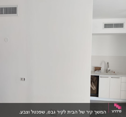קיר לבן עם שקעי חשמל ומטבח ברקע